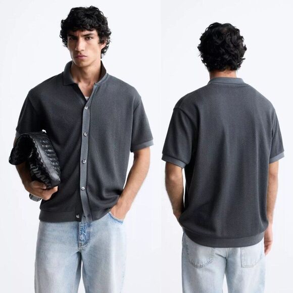New Zara Structured Shirt S 4087/330 Grey casual knit polo sweater short sleeve - Picture 1 of 13